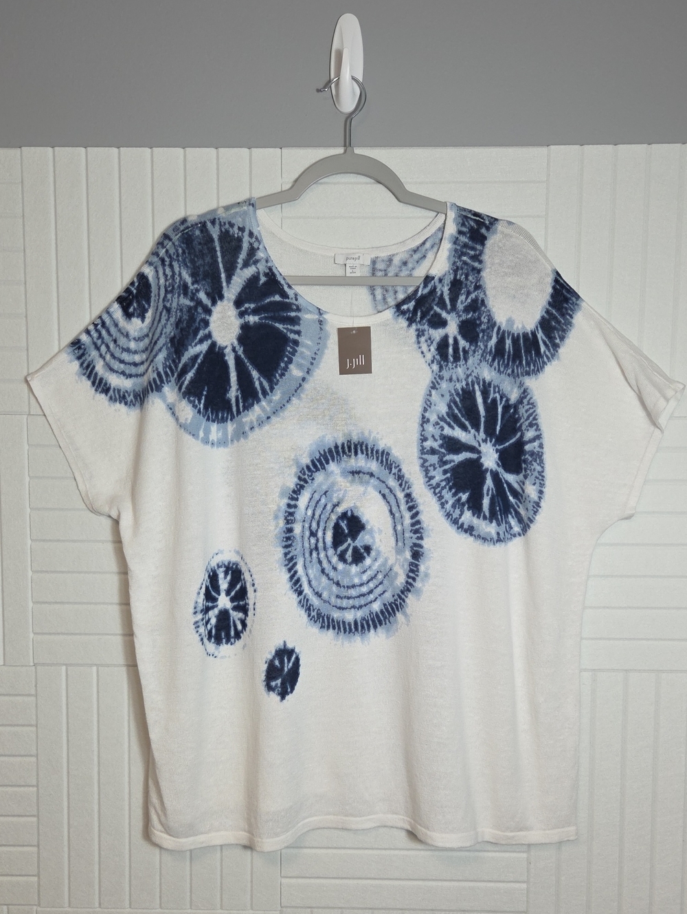 J. Jill Pure Jill White And Blue Lightweight Short Sleeve Sweater Size L NWT